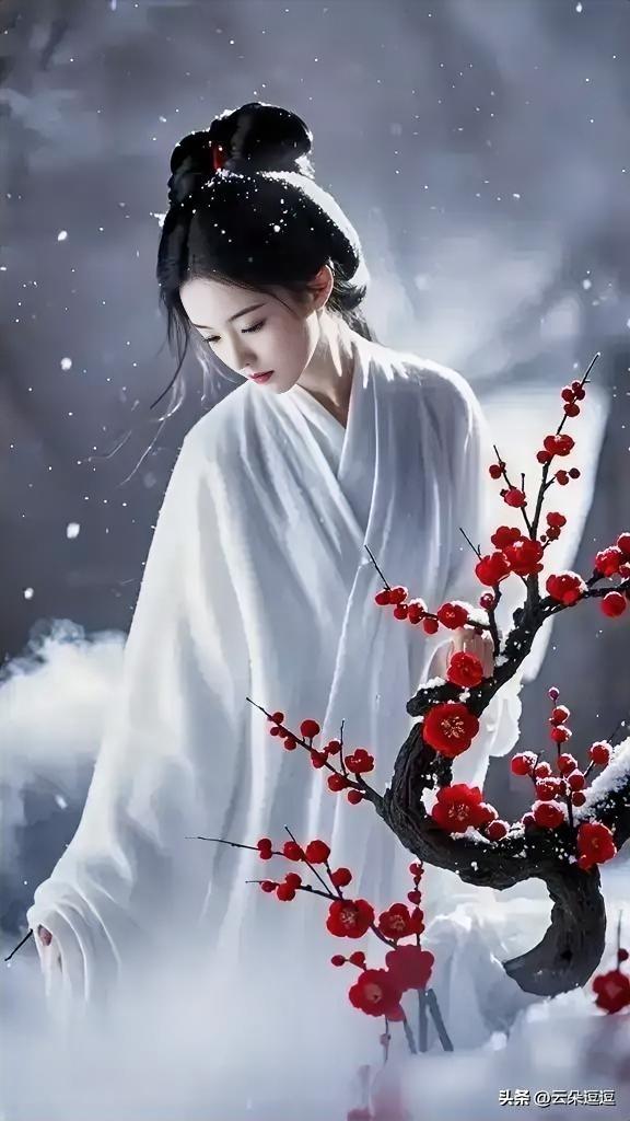 雪中仙子，红梅相伴，唯美如画