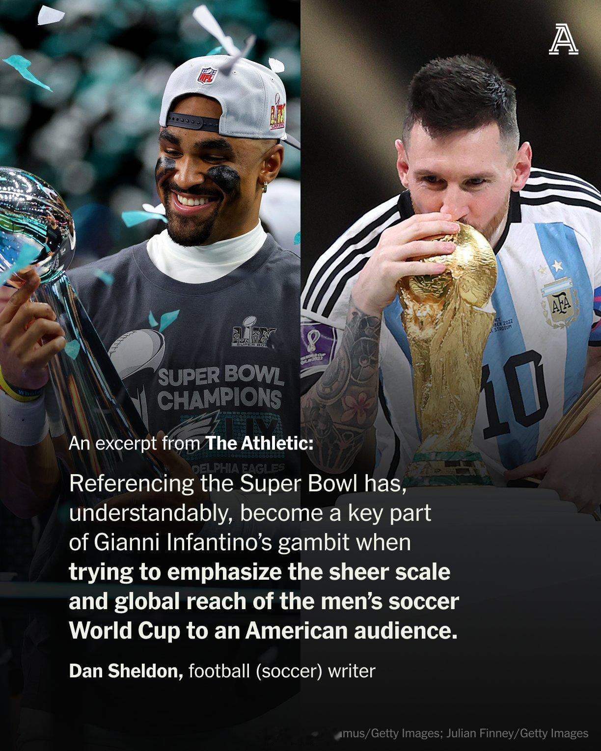 国际足联主席因凡蒂诺说，世界杯总共104场球，相当于连续五周，每天三场超级碗。