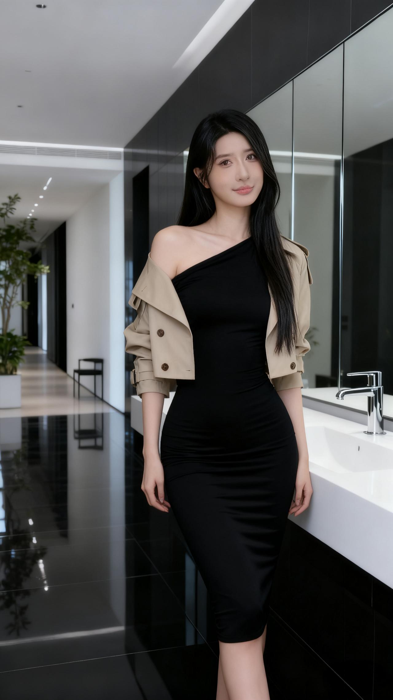 黑色斜肩紧身裙，
单边设计，简约又时尚！