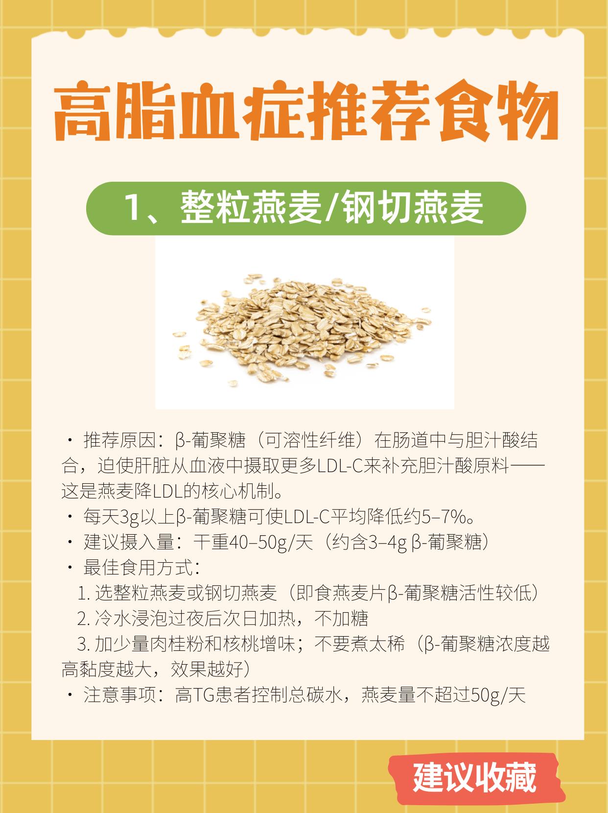 适合高血脂病人的8类食物
高脂血症的饮食管理，核心不是"不能吃什么"的禁忌清单，