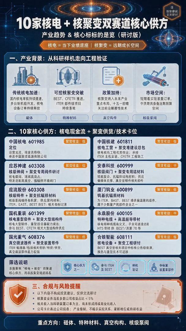 10 家核电+聚变双赛道核心供方（研讨版）五条背景里："核电审批持续提速、多台新