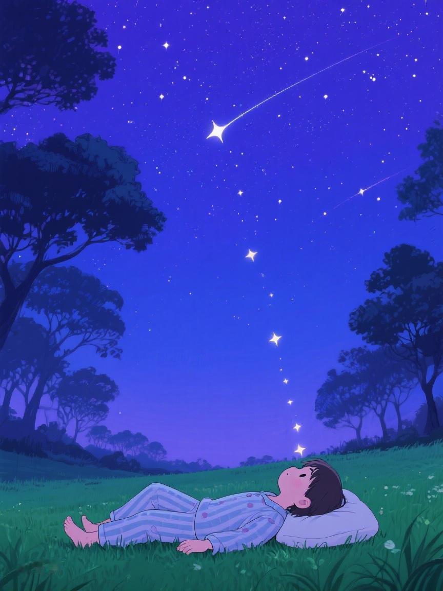 AI妙生图躺在草地上，仰望星河。每颗星星都藏着故事，那是宇宙对我们的温柔低语🎆