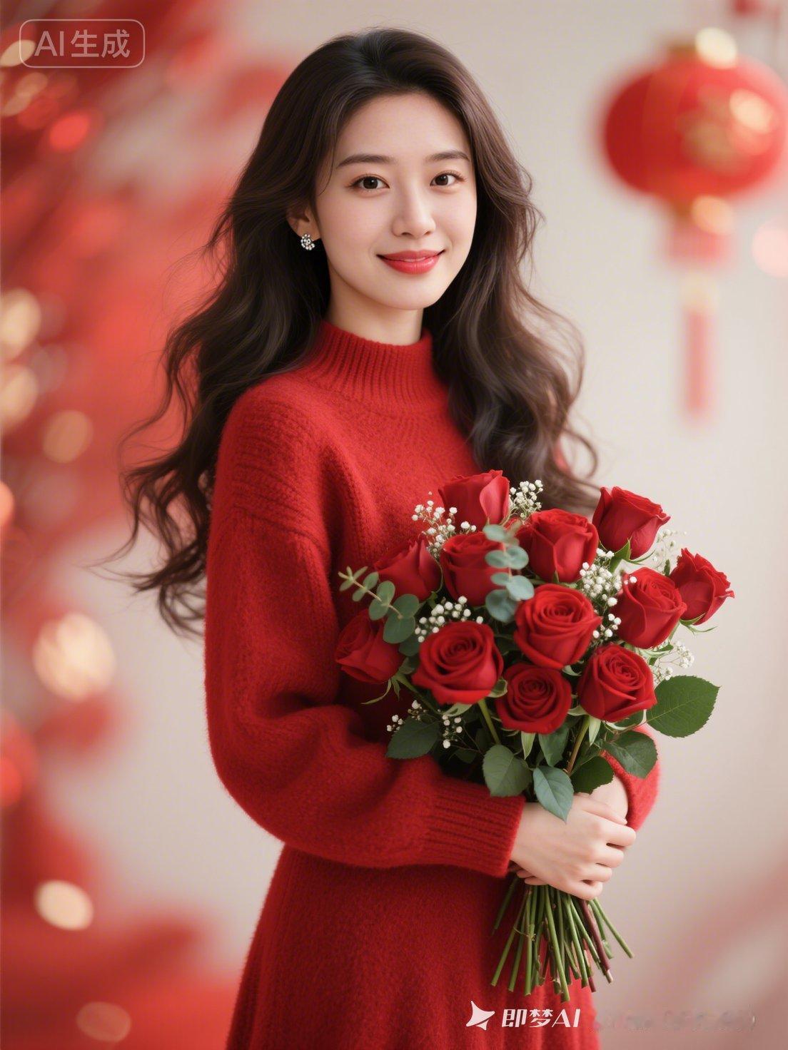 冬日暖阳下，红衣少女手捧玫瑰，笑靥如花。