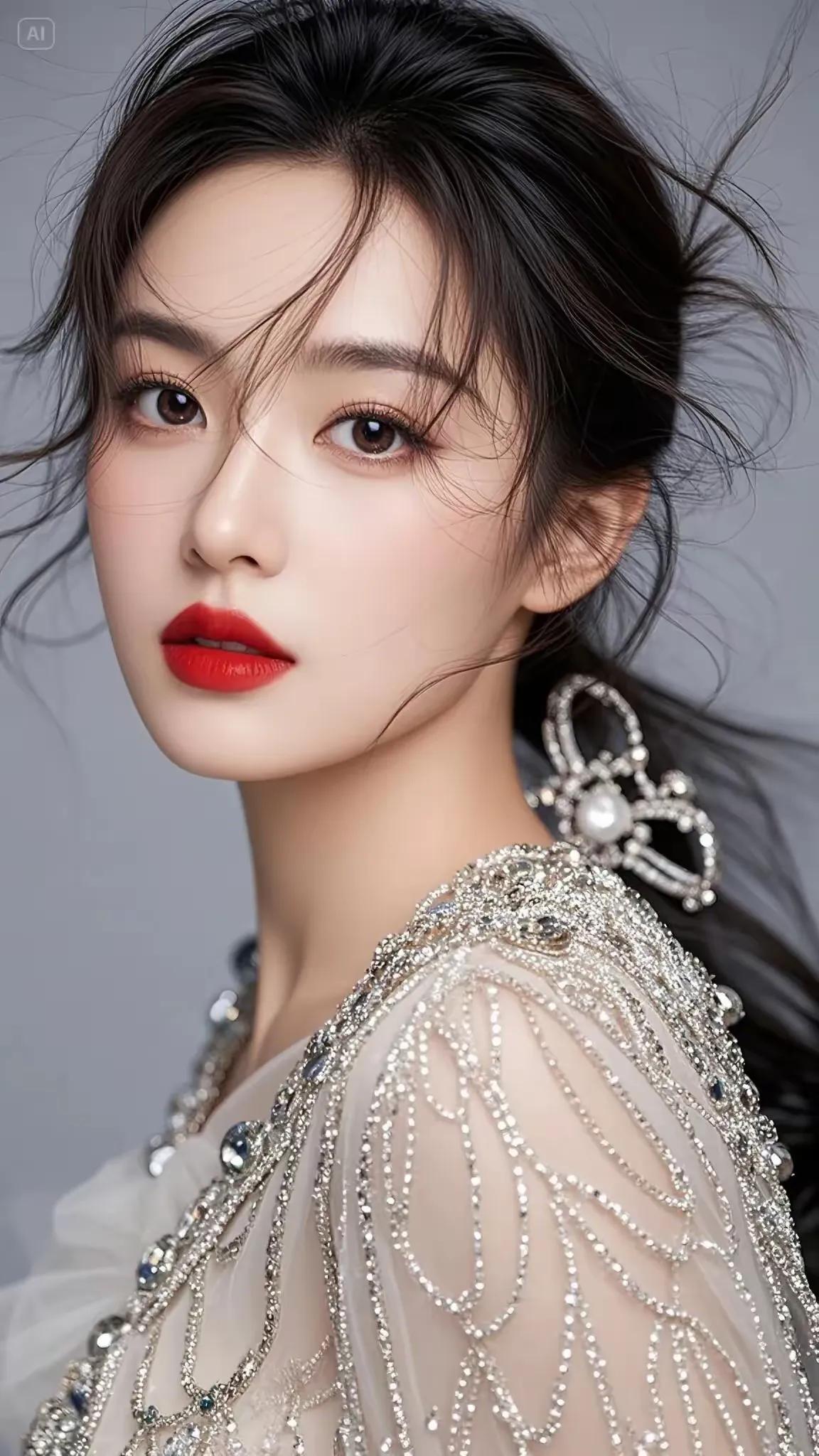 春日之花，娇艳夺目。秋水般眼眸含情，朱唇轻启似樱。令人心醉的美人。