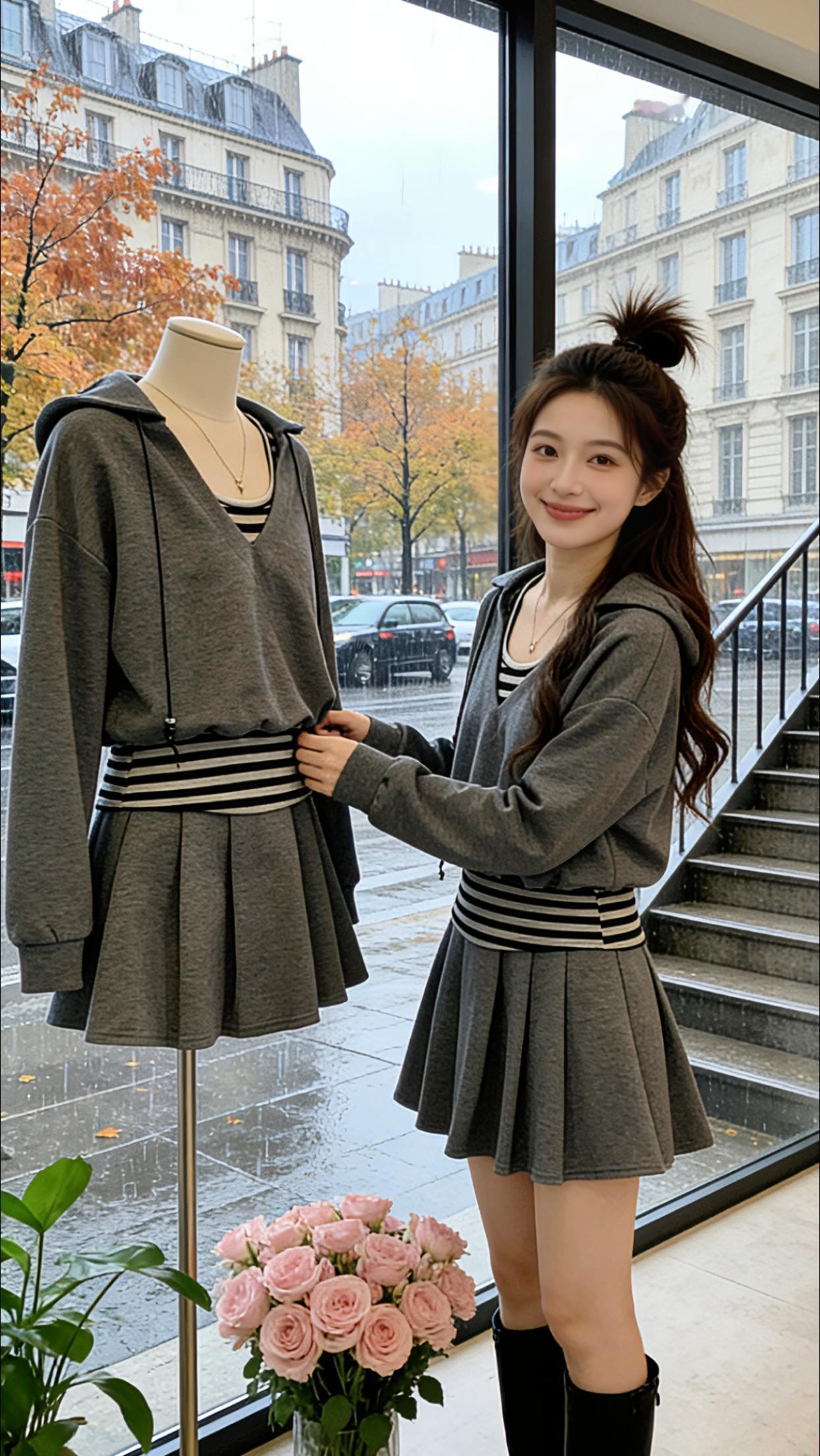 降温天的街头，Danny这套假两件卫衣百褶裙套装太戳人！宽松版型藏住肉肉，假两件