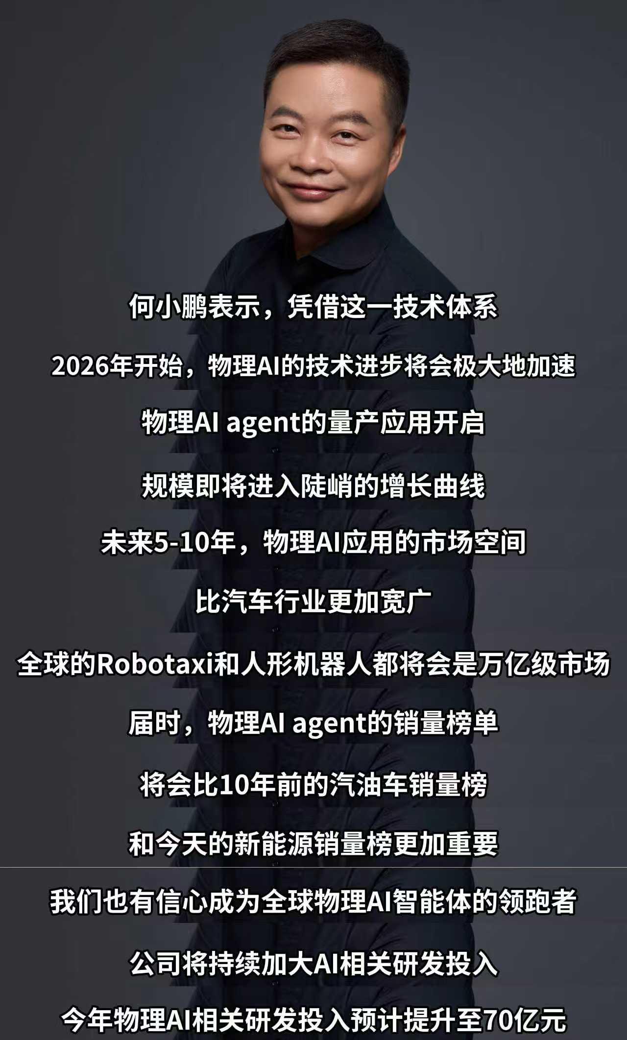 何小鹏：将持续加大AI相关研发投入，2026年物理AI相关研发投入预计提升至70