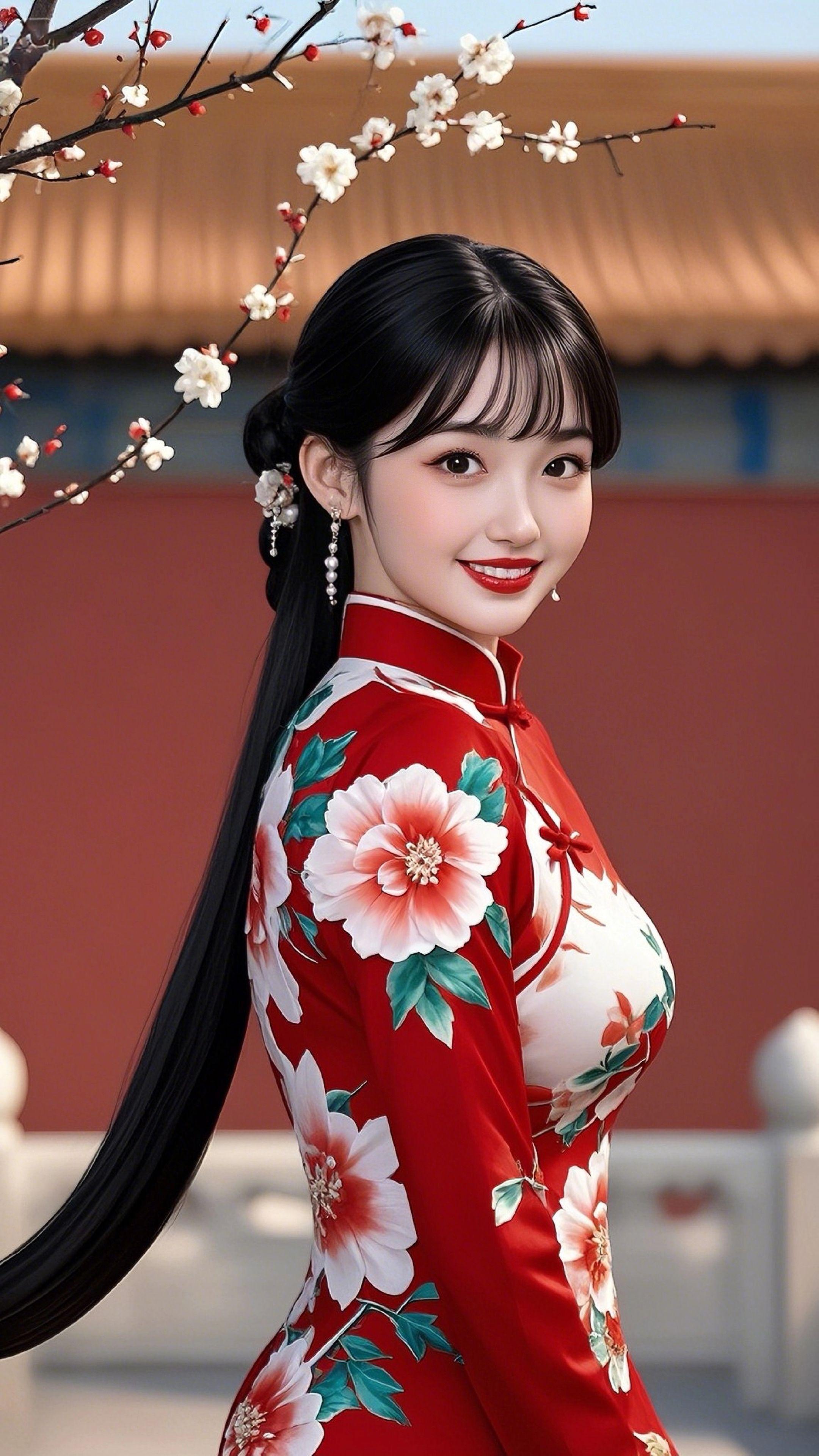 旗袍佳人送福，高考必中状元！锦缎裁成韵自华，旗袍曳影映朝霞。 愿君笔落...