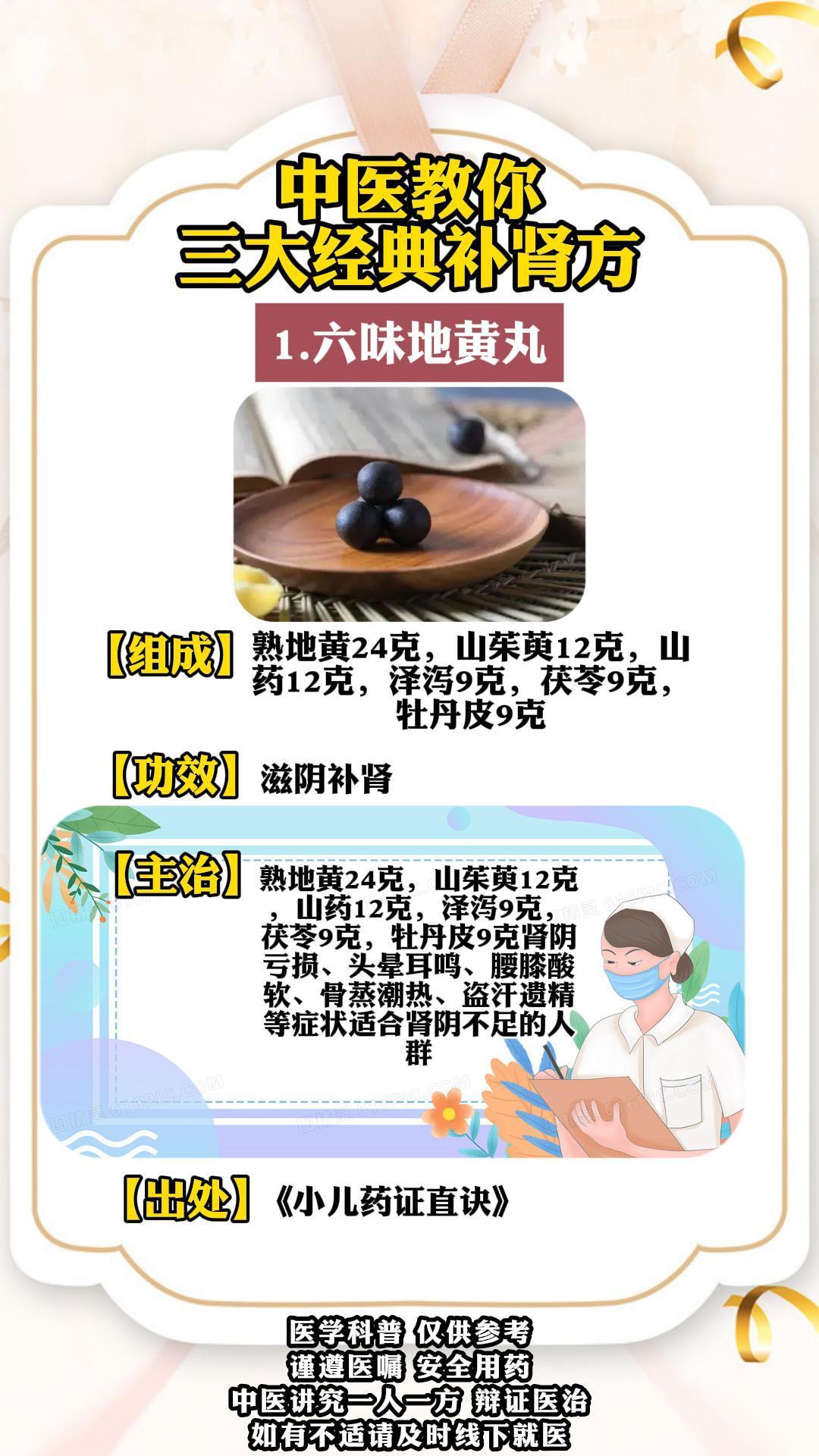 中医教你三大经典补肾方
 
1.六味地黄丸
【组成】
熟地黄24克，山茱萸12克，山药12克，泽泻9克，茯苓9克，牡丹皮9克
【功效】
滋阴补肾
【主治】
肾阴亏损、头晕耳鸣、腰膝酸软、骨蒸潮热、盗汗遗精等症状
适合肾阴不足的人群
【出处】《小儿药证直诀》
 
2.金匮肾气丸
【组成】
地黄、山药、山茱萸、茯苓、牡丹皮、泽泻、桂枝、附子、牛膝、车前子
【功效】
温补肾阳，化气行水
【主治】
肾虚水肿、腰膝酸软、小便不利、畏寒肢冷等症状
【禁忌】
阴虚火旺的患者不宜服用
适用于肾阳虚的患者
【出处】《金匮要略