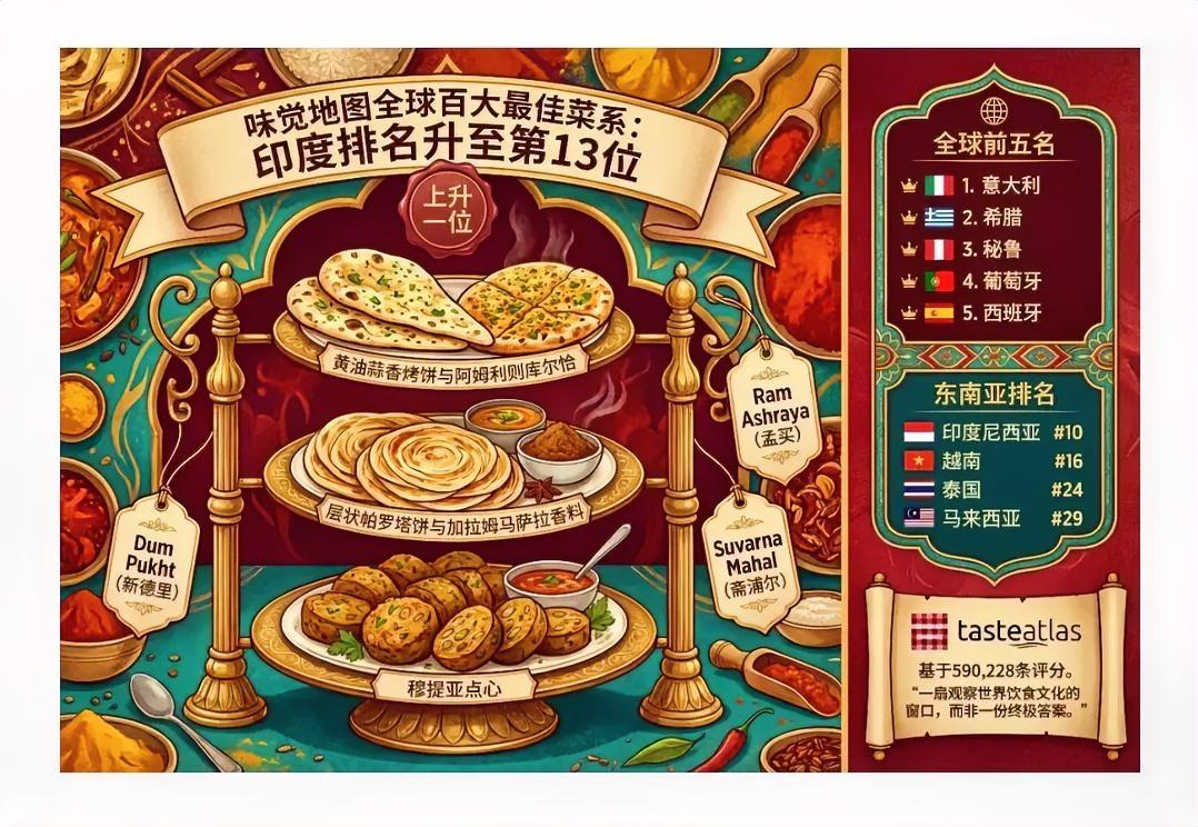 国际美食平台“味觉地图”发布了最新的“全球100大最佳菜系”榜单，印度美食排名第