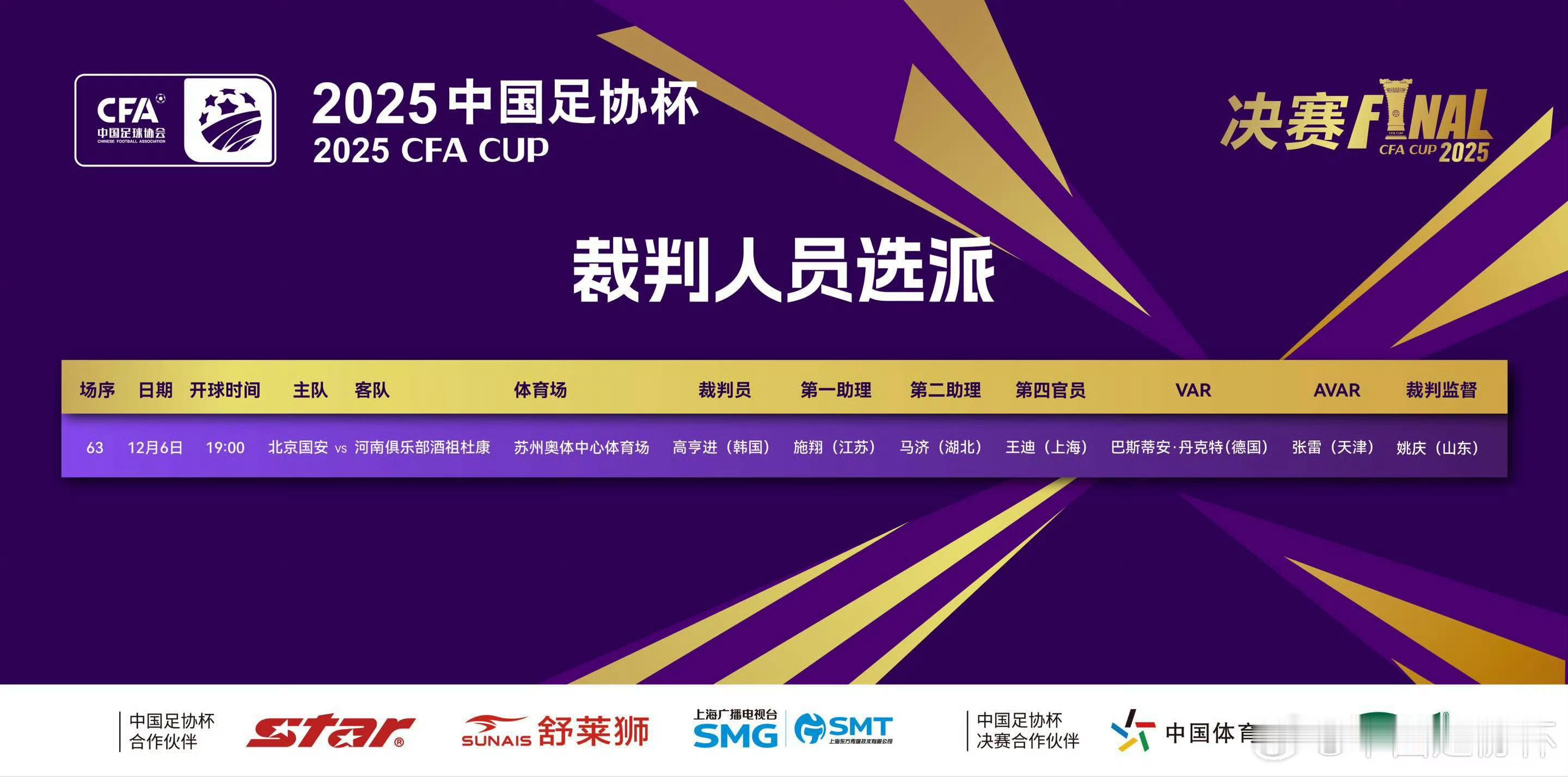 足协杯决赛裁判选派主裁判：高亨进（韩国🇰🇷）VAR：巴斯蒂安-丹克特（德国?