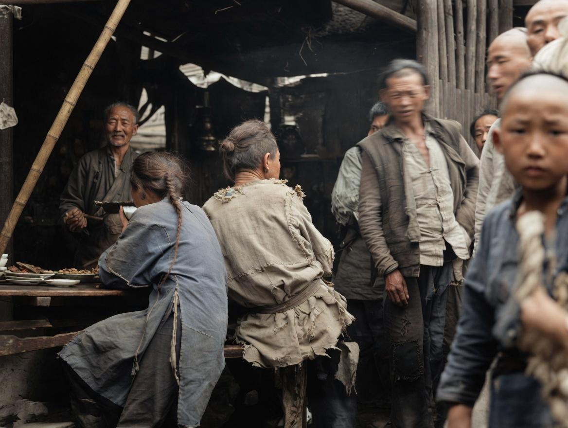 清末，民间市井小摊，竹竿简单搭成的露天街边食摊，没有像样的铺面，简陋棚子便是全部