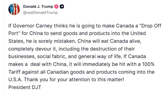 特朗普威胁称，若加拿大与中国达成贸易协议，将对其所有出口至美国的商品征收100%