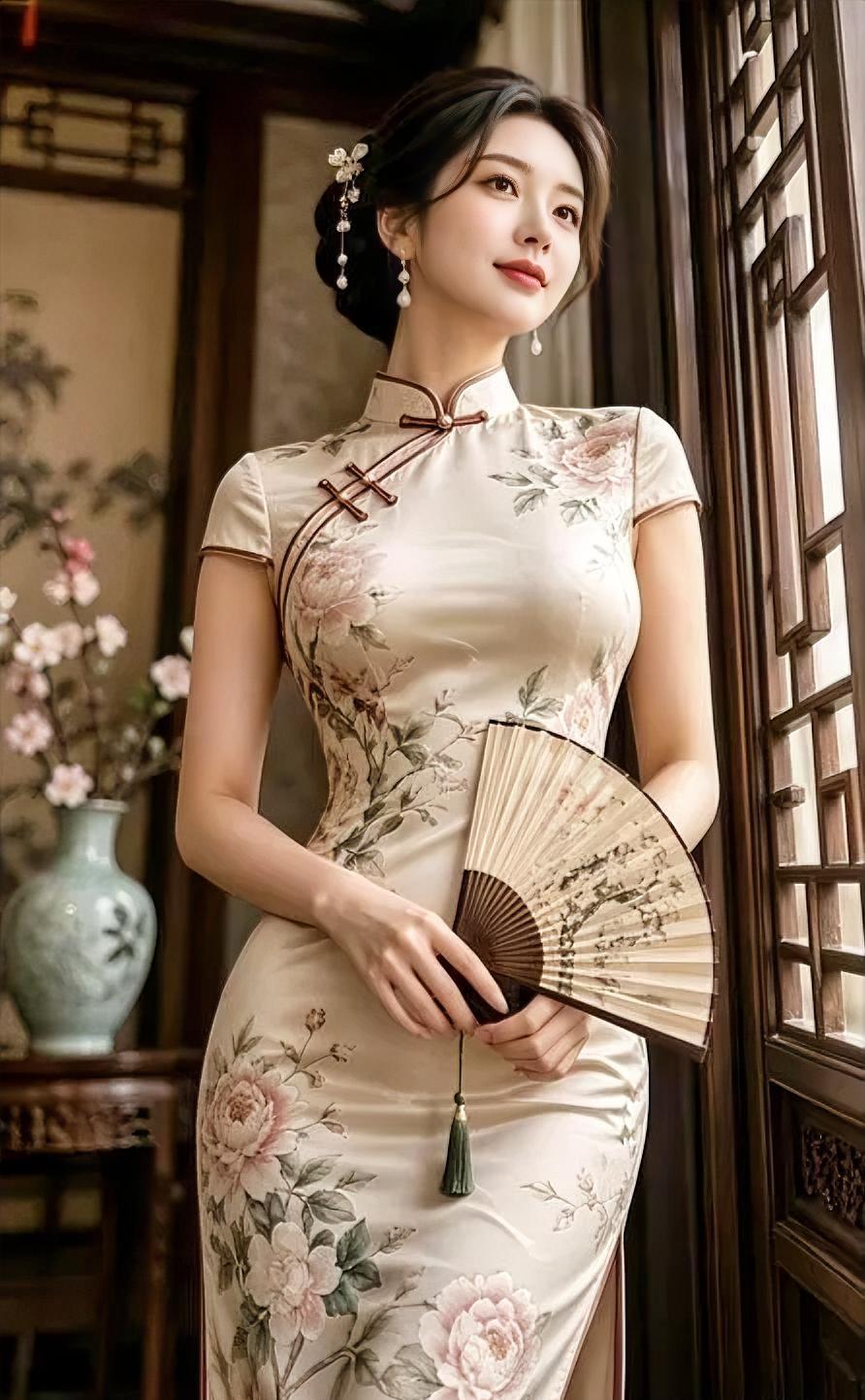 米白旗袍上，

花开得刚刚好。

木窗漏进光，

你倚着静悄悄。

折扇轻半拢，