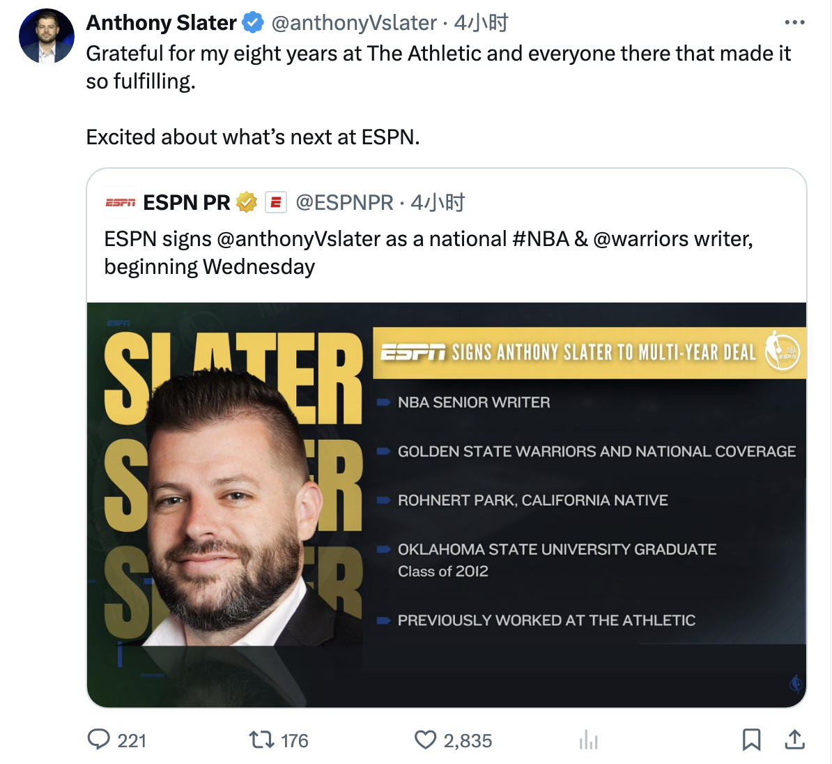 Anthony Slater从The Athletic跳槽去了ESPN，将继续报