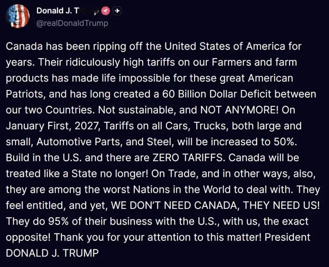 特朗普周一表示，由于上周美加贸易谈判破裂，美国将从2027年1月1日起将对加拿大