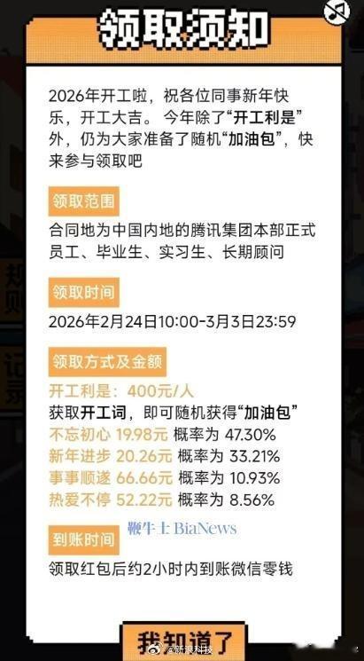 开工大吉 今日，腾讯给员工发放开工红包，中国内地的集团本部正式员工、毕业生、实习