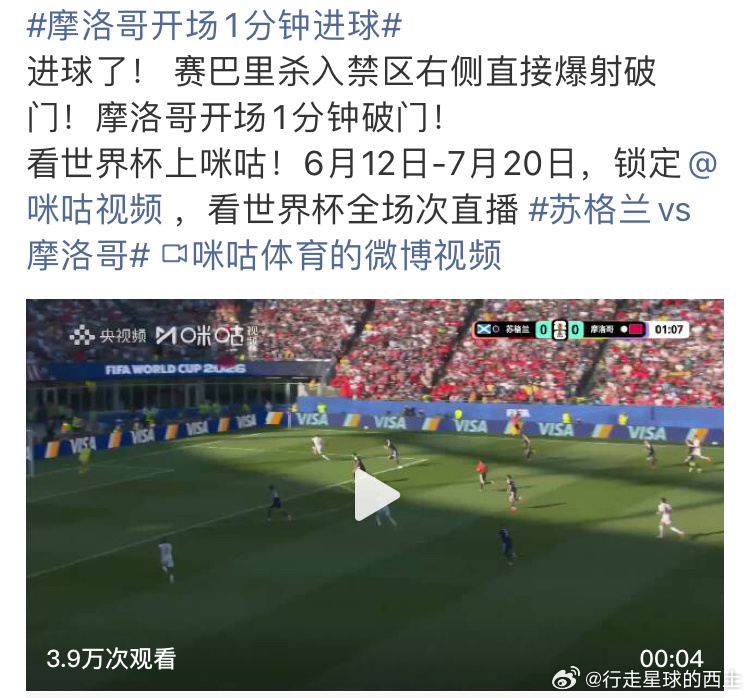 摩洛哥开场1分钟进球摩洛哥的进球，应该会是这届世界杯最快的进球，开场一分钟就进球
