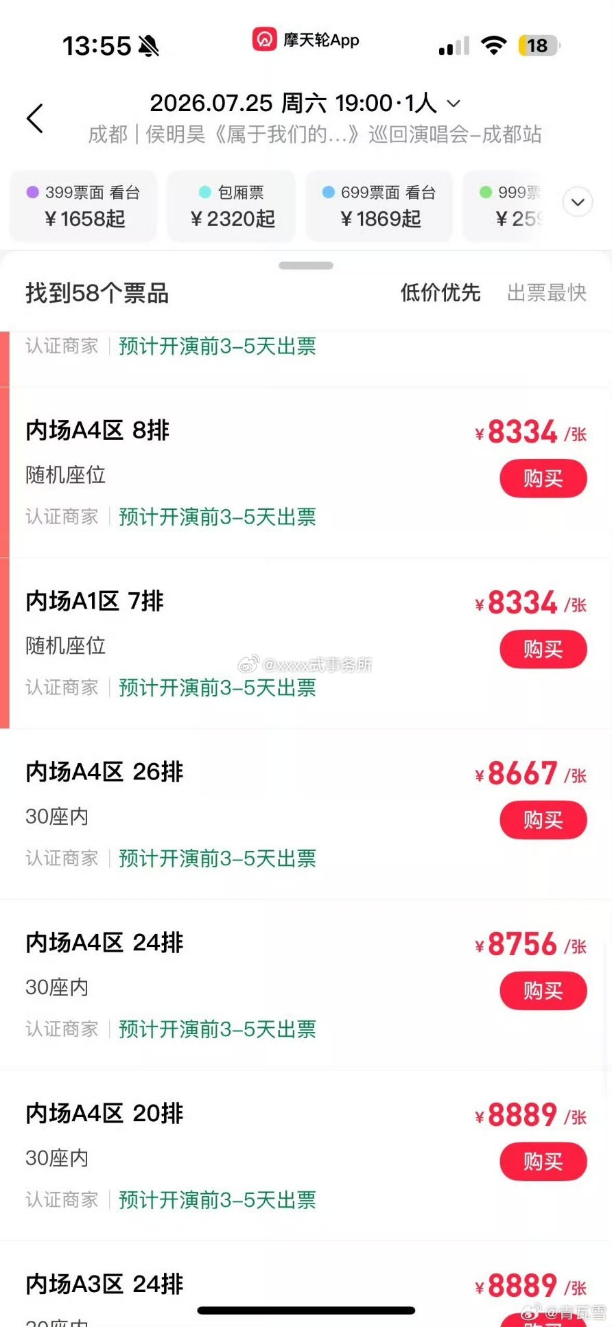 侯明昊成都演唱会又开票秒磬，并且想看人数单场激增到了40万，又加场了，摩天轮又赚