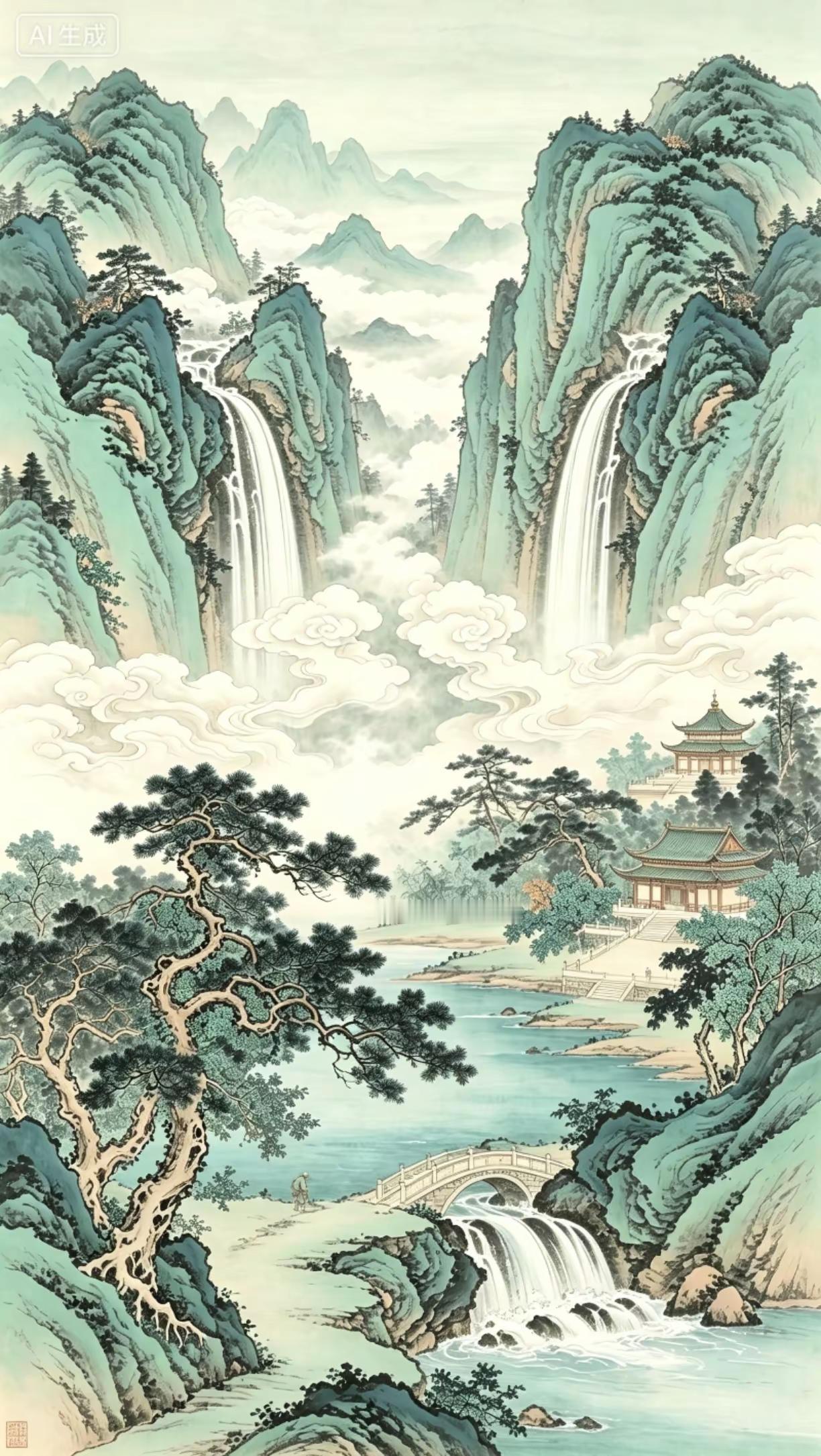 双龙飞瀑。山水构图创作者中心 创作灵感 国画专业 山水意境艺术