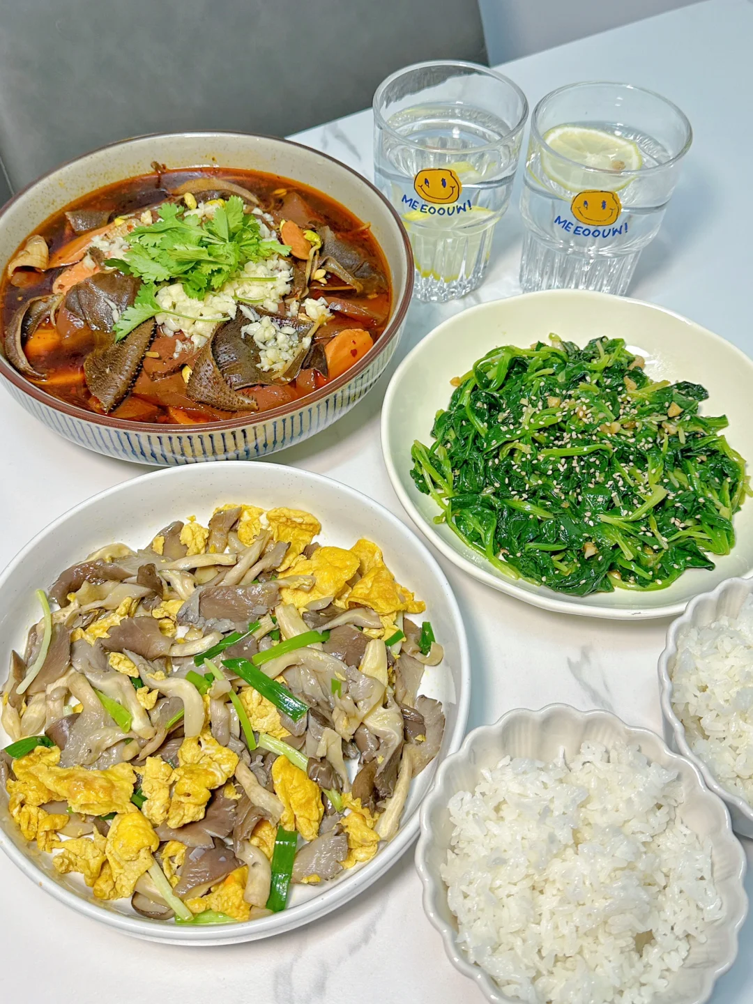 ✅晚餐分享｜毛血旺➕平菇鸡蛋➕凉拌菠菜