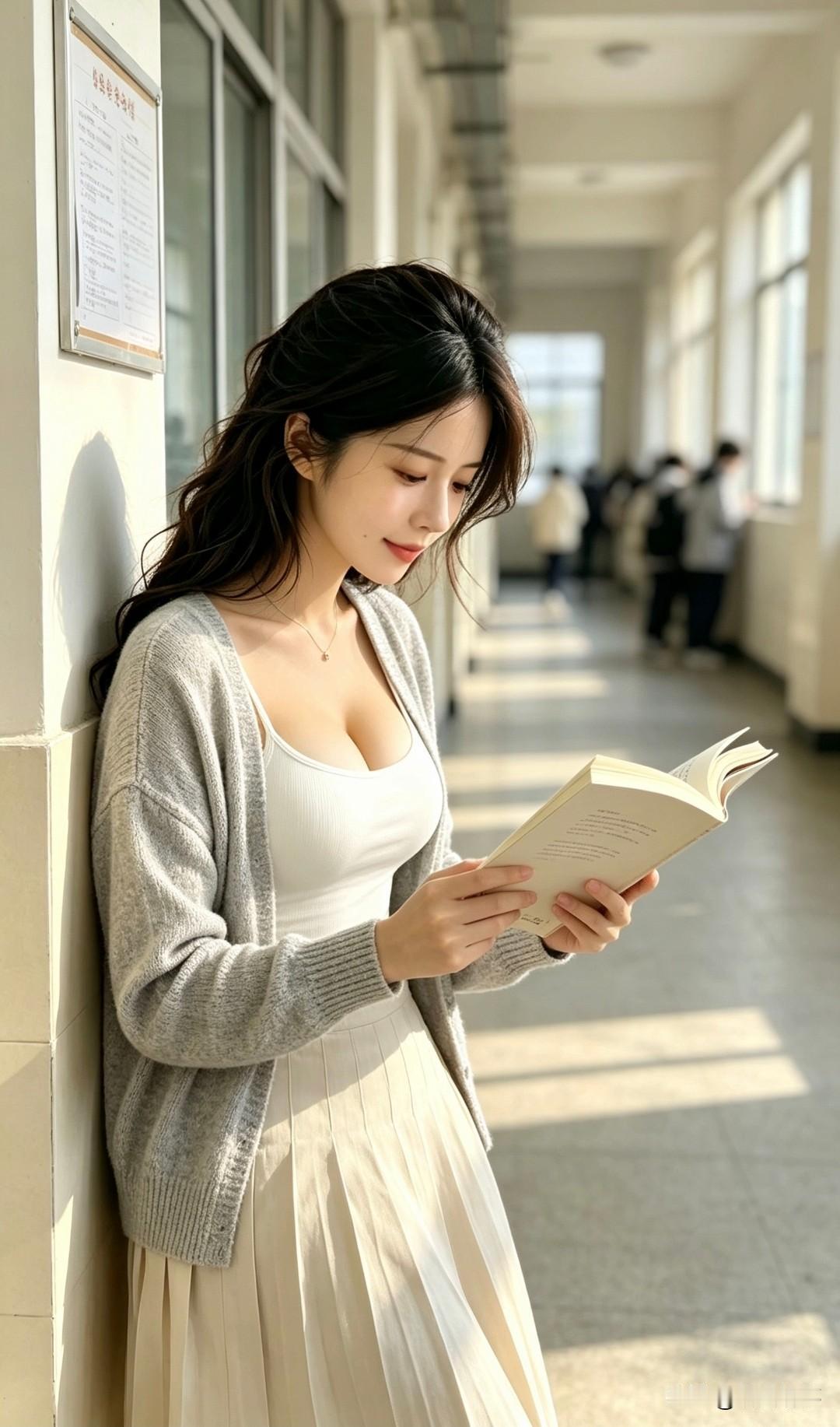 阳光穿过玻璃窗，在教学楼长长的走廊投下斑驳的光影。女孩倚靠在墙边，沉浸在书本的世