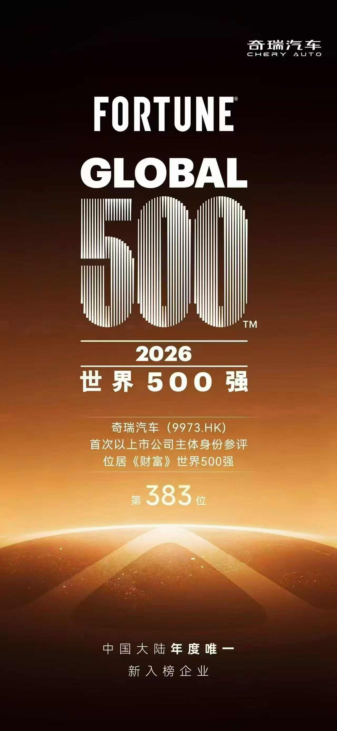 2026年世界500强榜单公布啦，奇瑞就厉害了凭上市主体首度入围，值得一提的是，