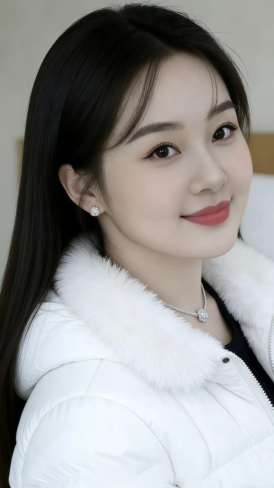 冬日暖阳下的甜美笑容，白色羽绒服与珍珠耳环的完美搭配，尽显温柔与优雅。🌞💖✨