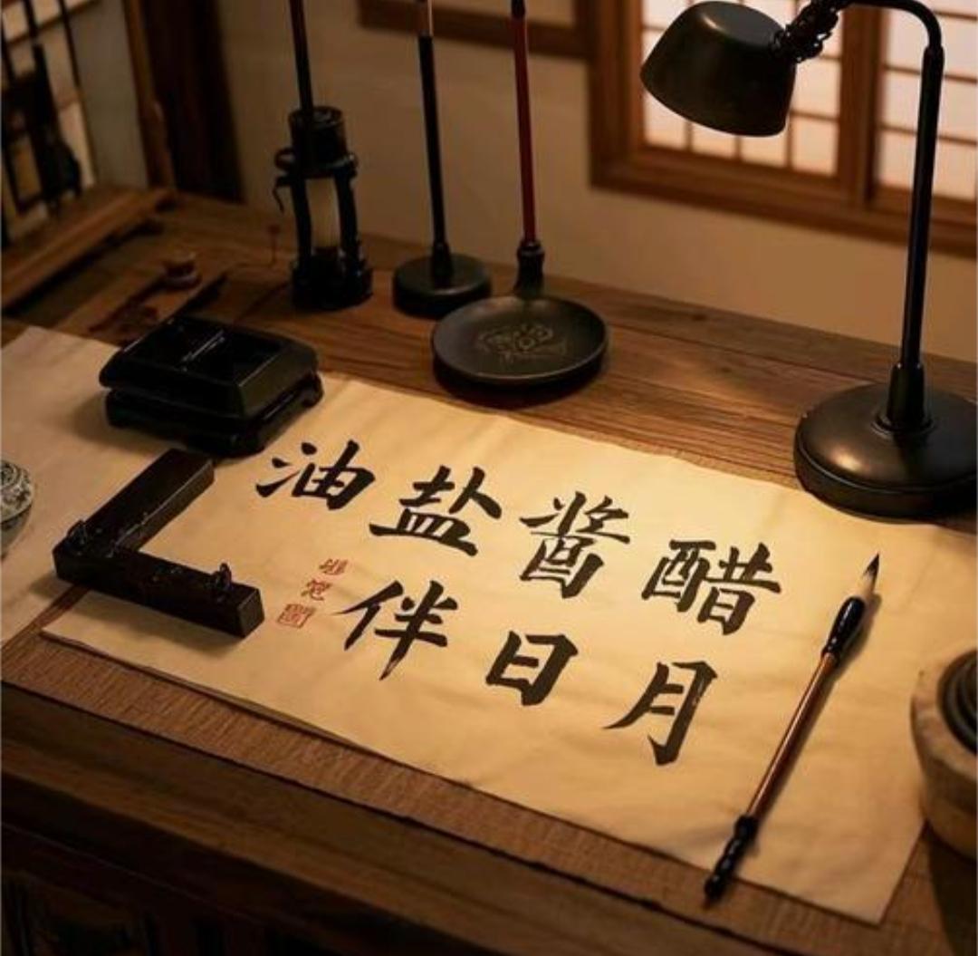 赏析：
上联“油盐酱醋”写日常饮食，以“伴日月”展现平凡生活的悠长韵味；下联“锅