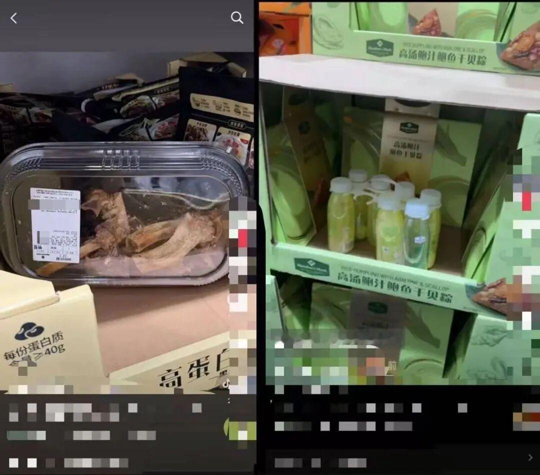 在青岛山姆店内，售卖矿泉水的货架上有一盒吃剩的鸡骨头和使用过的一次性手套、纸巾。