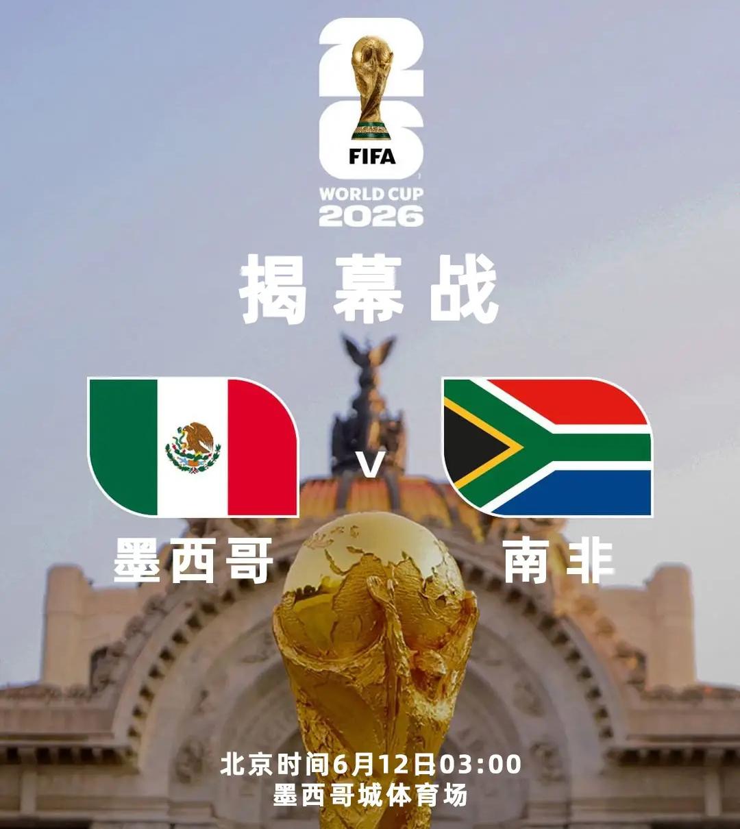 【2026年美加墨世界杯揭幕战（墨西哥-南非）预测！】
　　当地时间2026年6