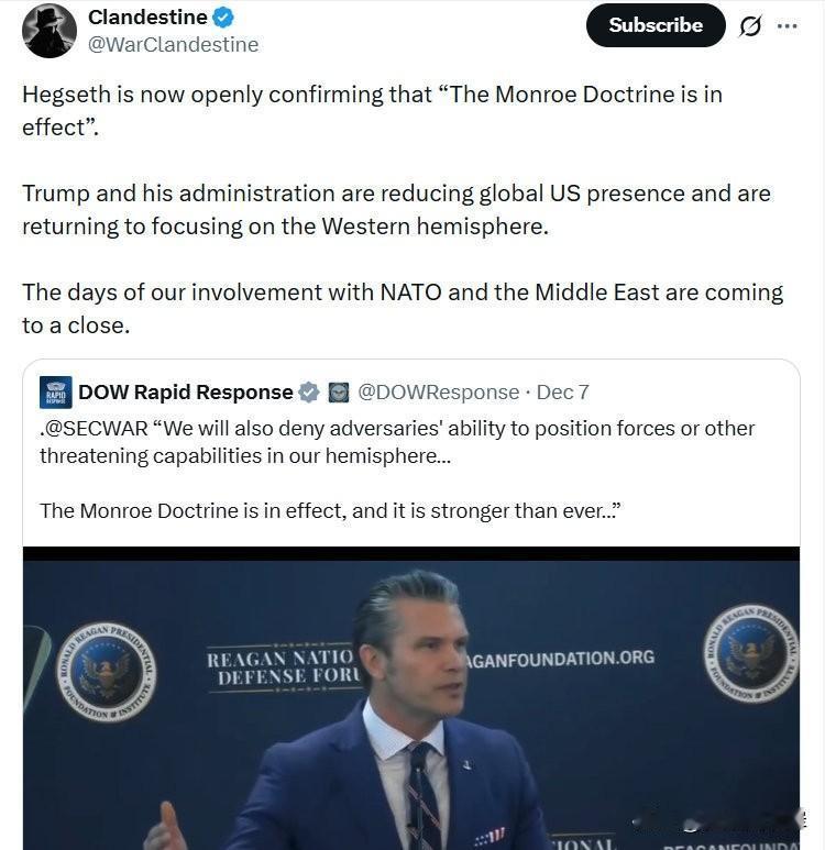 Hegseth 现已公开确认“门罗主义已生效”。

川普及其政府正在削减美国在全