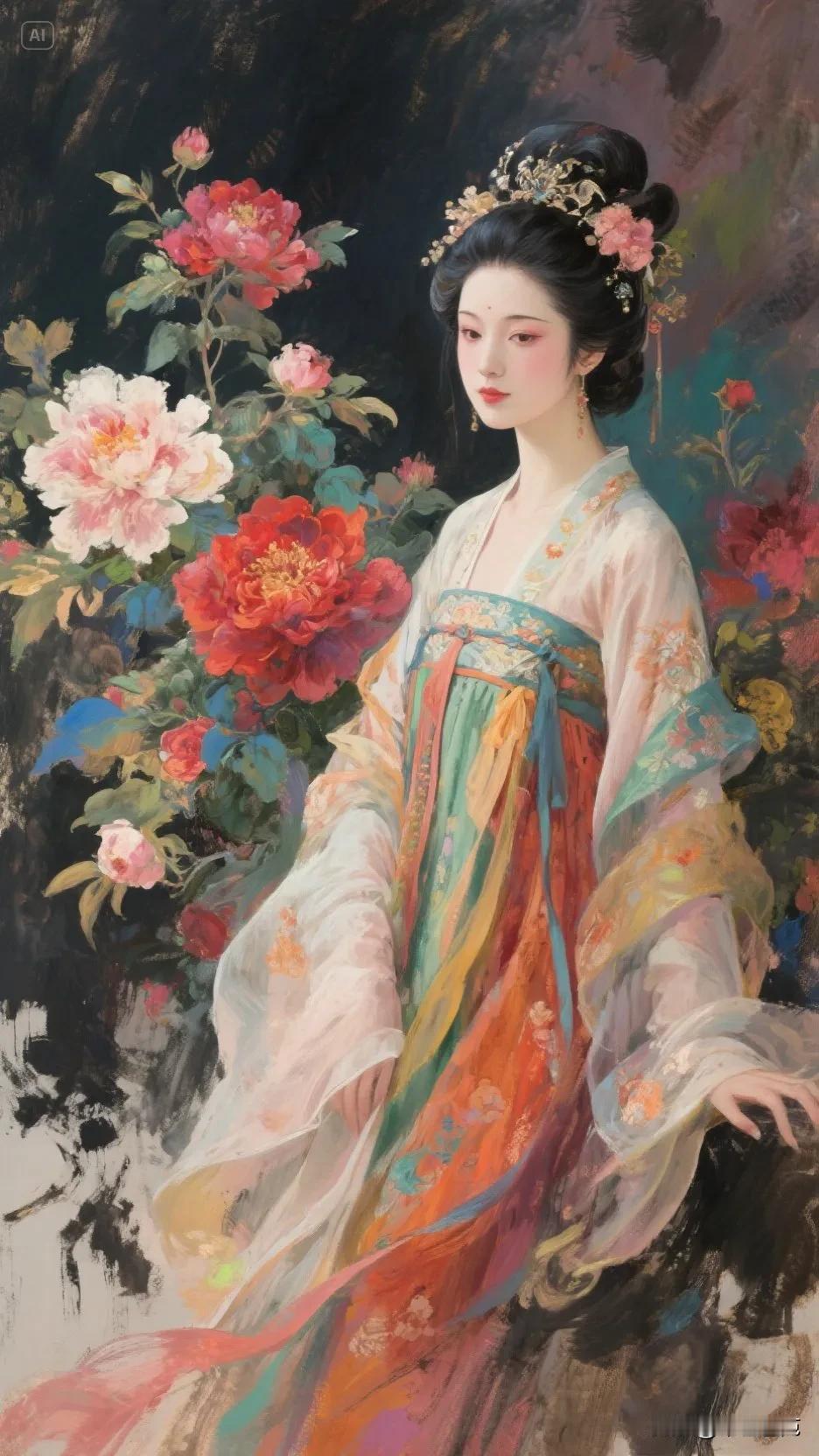 【油画】花间美人，锦衣华裳。春日生活打卡季 油画美女图 油画风美女 油画仕女 古