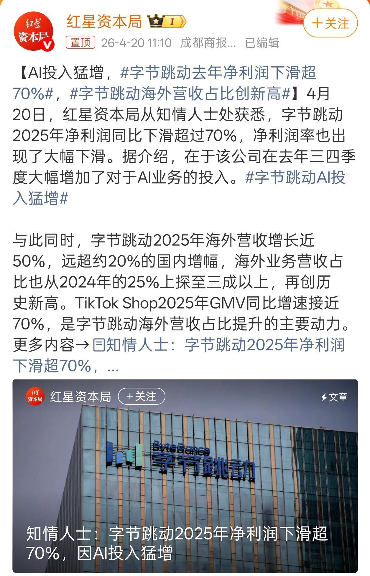字节跳动去年净利润下滑超70%算力成本实在太高，而且这部分需要长期持续投入，不然