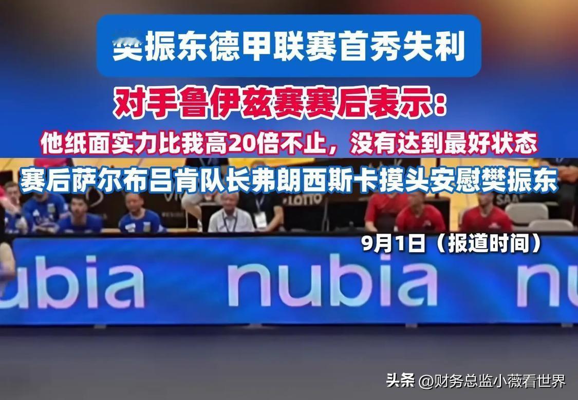 樊振东虽然输了，但却赢得了队友和对手的尊重。樊振东德甲联赛首秀失利，对手鲁伊兹赛