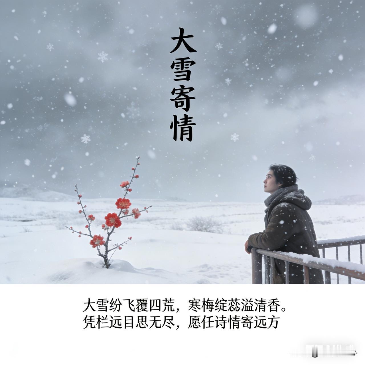 《大雪寄情》乐韵诗心创作:
大雪纷飞覆四荒，
寒梅绽蕊溢清香。
凭栏远目思无尽，