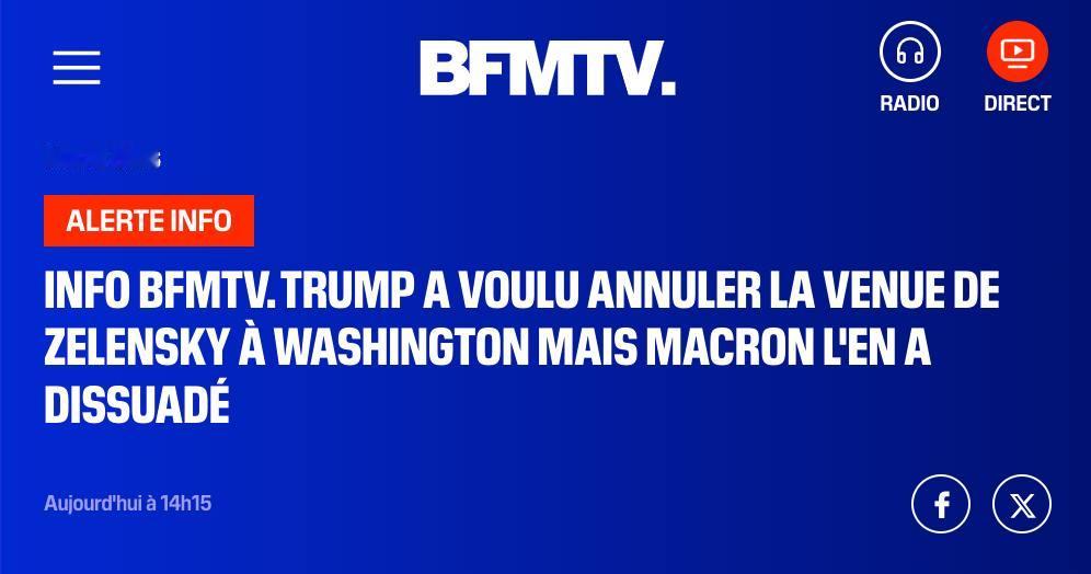 🔻法国媒体 BFMTV 说： 昨天，泽连斯基已经收到了美国政府的通知：不要来华