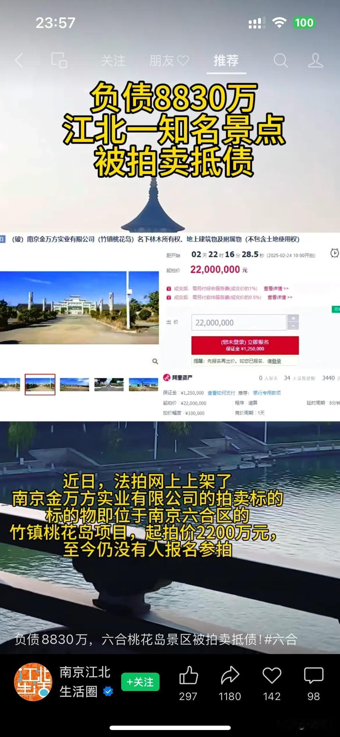 南京六合桃花岛居然负债8830万！太偏了？还是什么原因？入不敷出！被拍卖抵债！