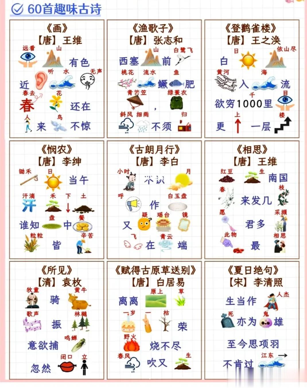 有趣的图文古诗词，1—6年级课本必背古诗词都在这里了！这是我见过整理最全的，画面