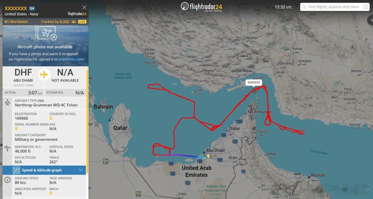 一架美国海军MQ-4C“海神”无人机再次在波斯湾伊朗南部海岸附近展开行动。伊朗
