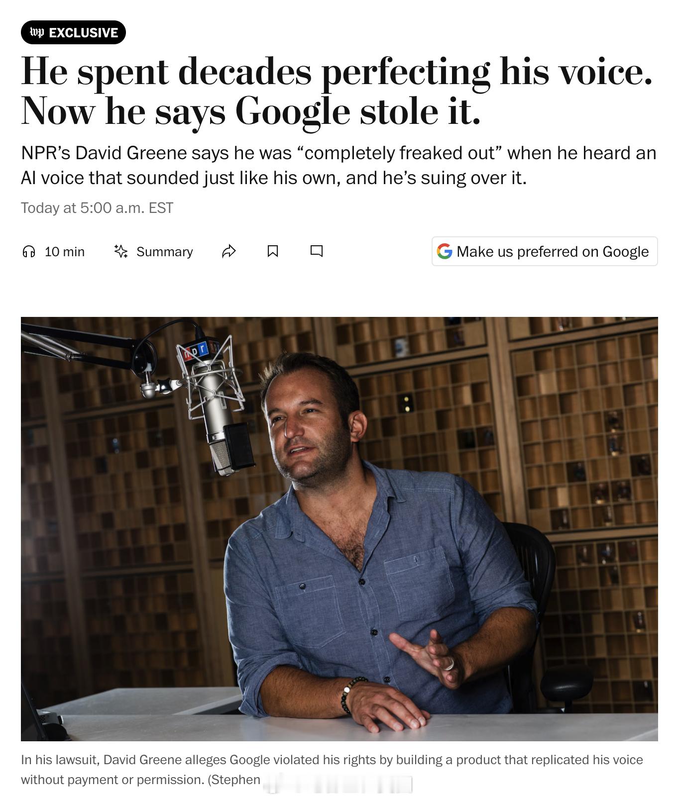 <华盛顿邮报>的一篇报道：NPR主持人David Greene最近把 Googl