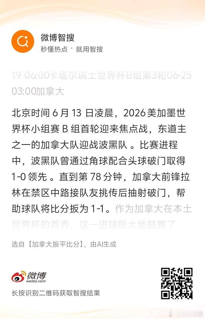 加拿大1比1波黑6月13日凌晨美加墨世界杯B组首轮上演精彩对决，东道主加拿大坐镇