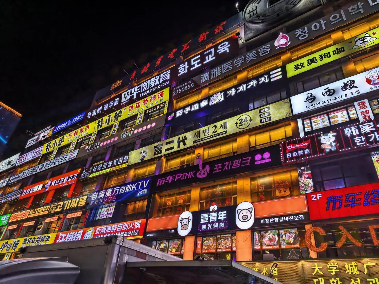 延吉只是个50多万人的小城市，但你很难想象延边大学那个网红弹幕墙，在晚上花灯初上
