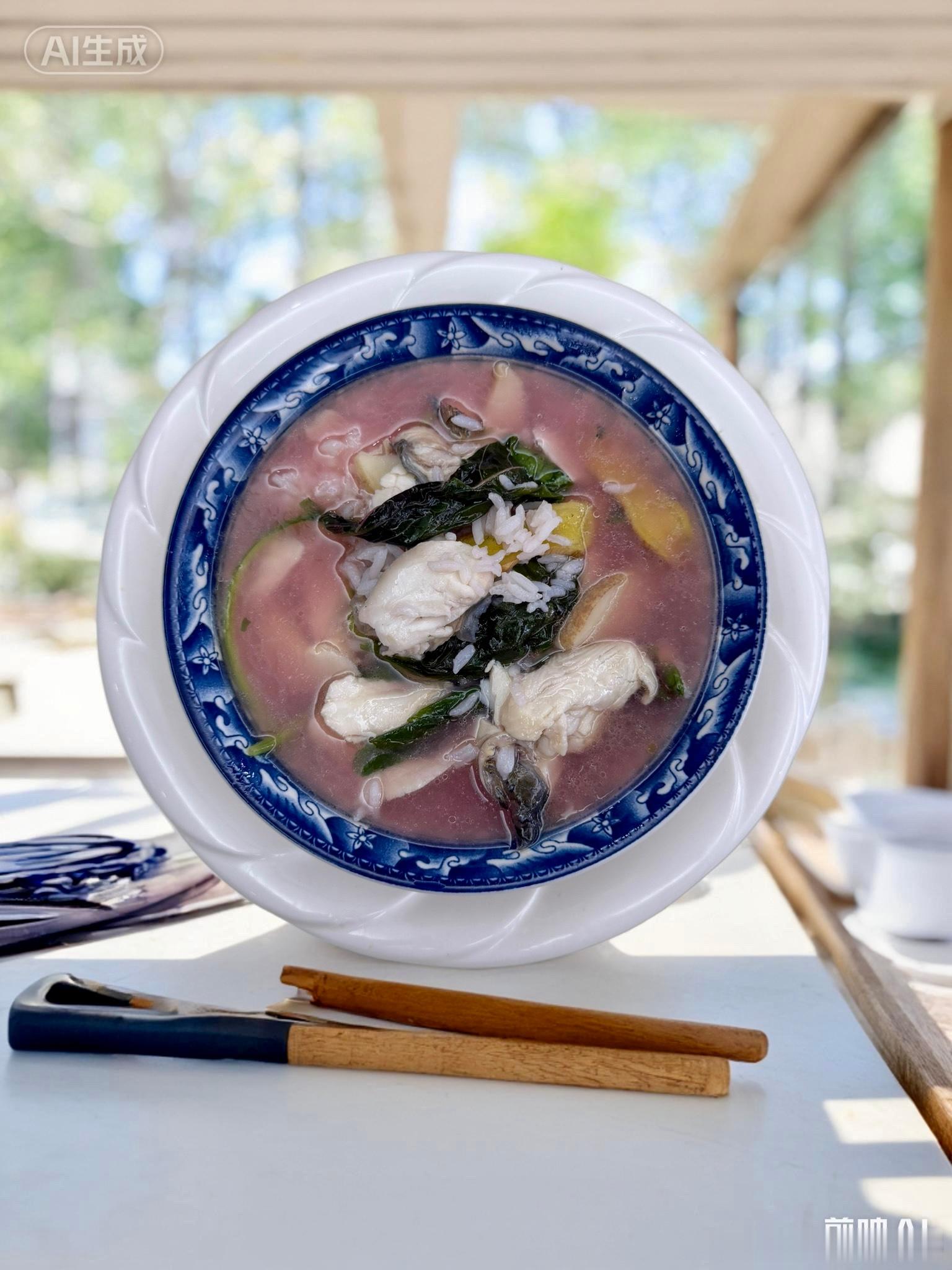 营养早餐：鱼粥，鲍鱼片，草鱼片，红苋菜（焯水捞出），没辣椒，腥味重。 漳州