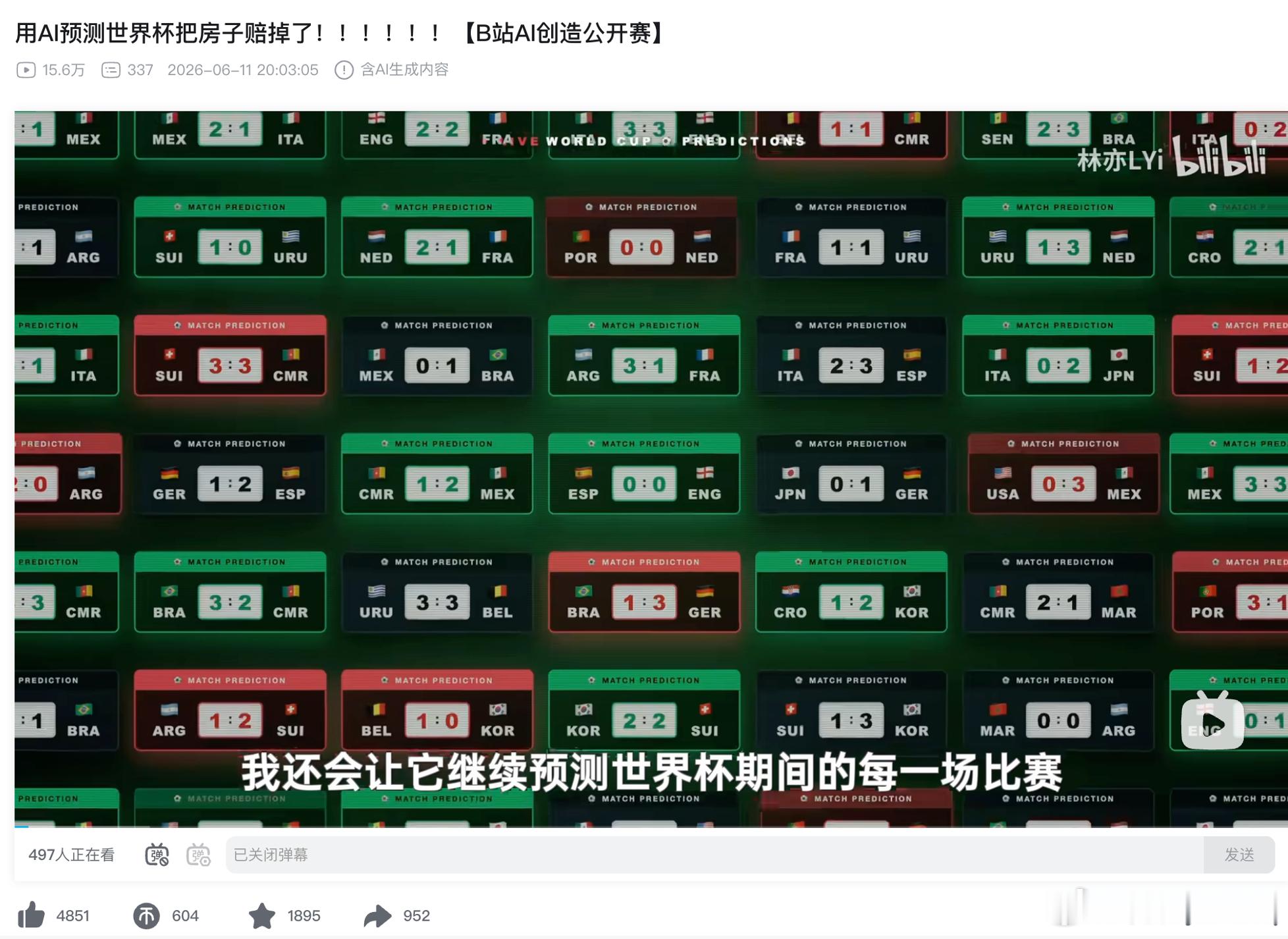 这波有点离谱。UP主林亦手搓的世界杯预测网站，算中了美国vs巴拉圭4-1，比分都