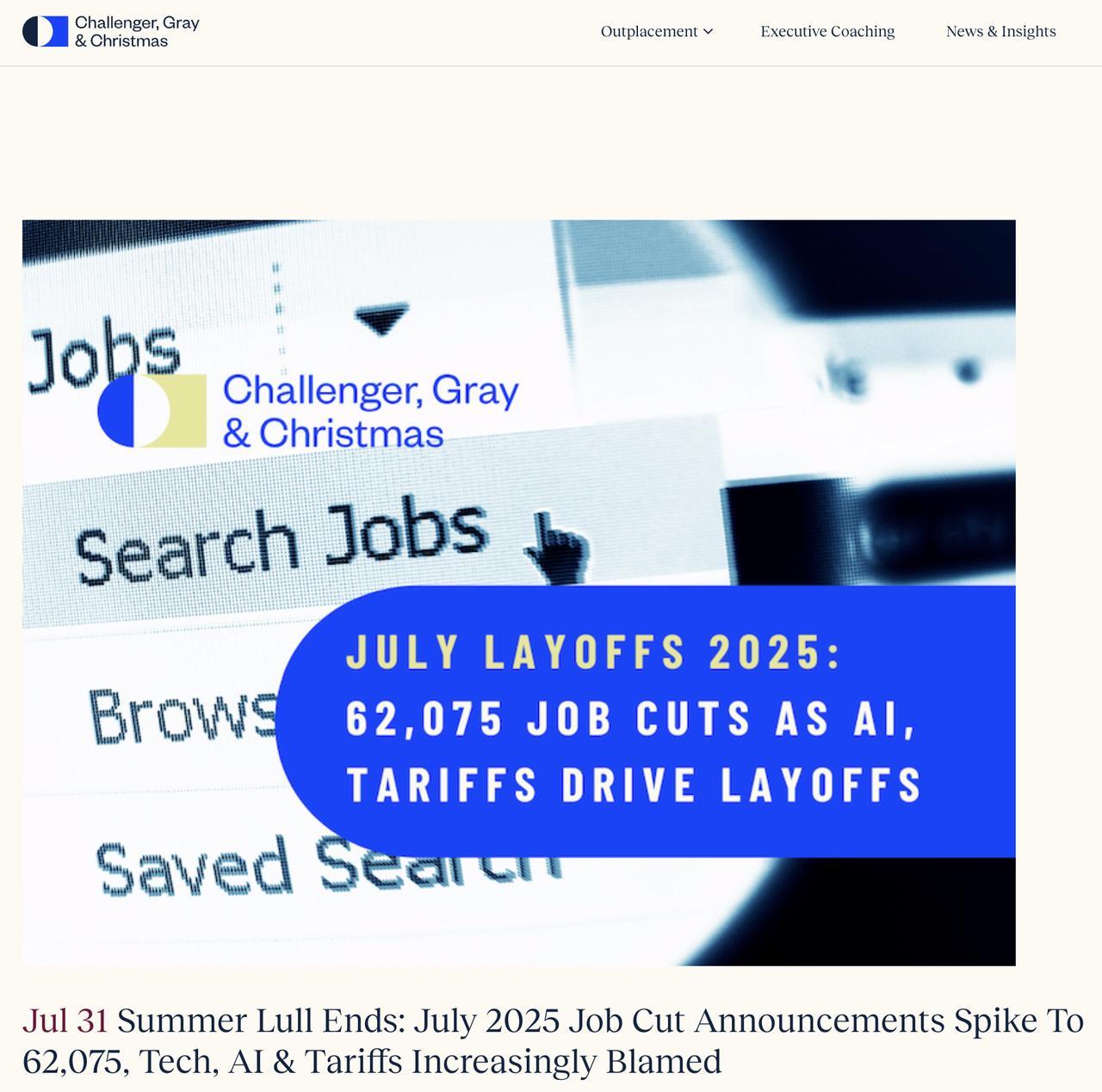 美国 7 月裁员飙升至 62,075 人，科技、AI 与关税成主因

根据 Ch