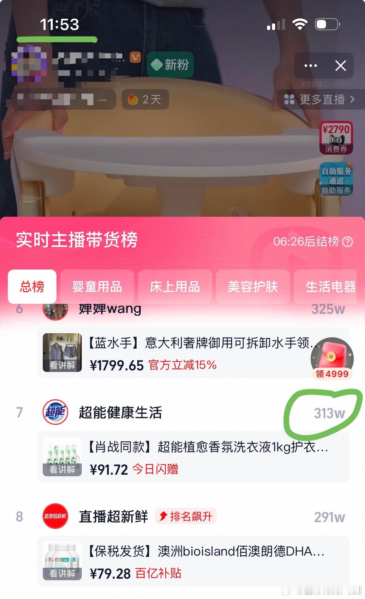 恭喜顶流老战官宣超能两小时后疯狂带货313W，进带货榜第7位！！ 