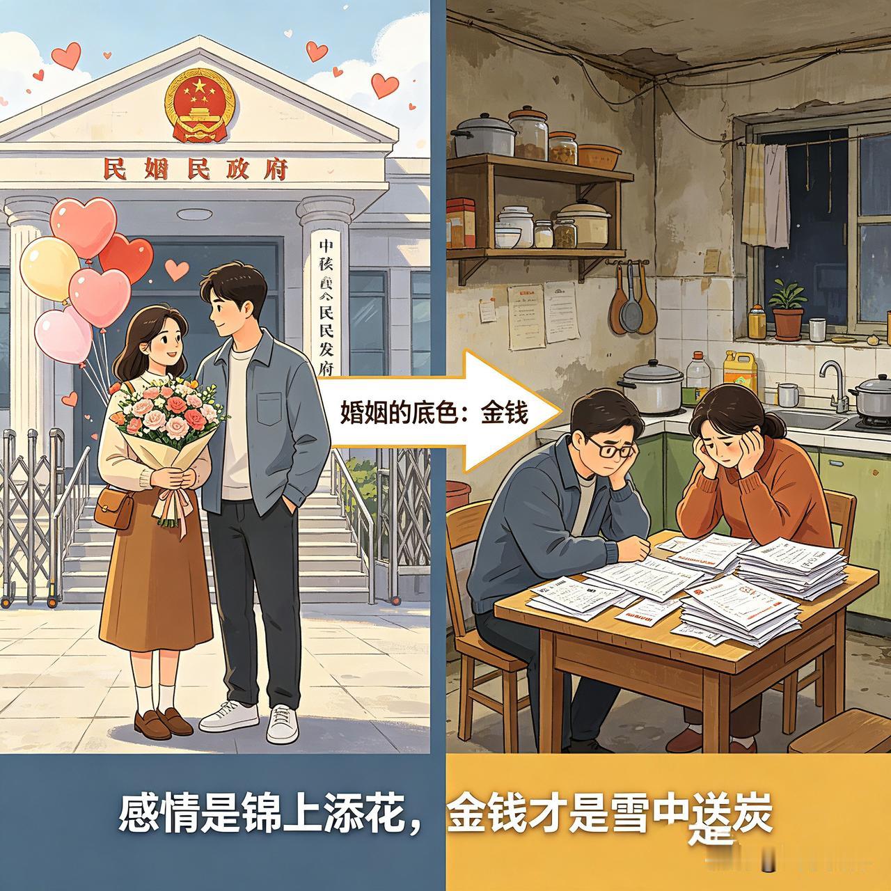 成年人终于看透：婚姻的底色，从来离不开金钱
 
很多人觉得婚姻谈钱太俗气，总向往