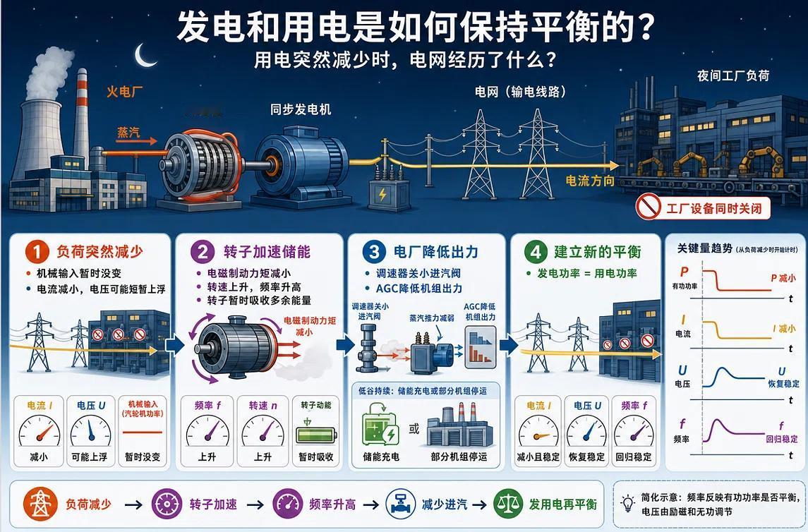 电网“跷跷板”解密：用电负荷突降，发电机转子为何先“飞”起来？
第1步：转子加速
