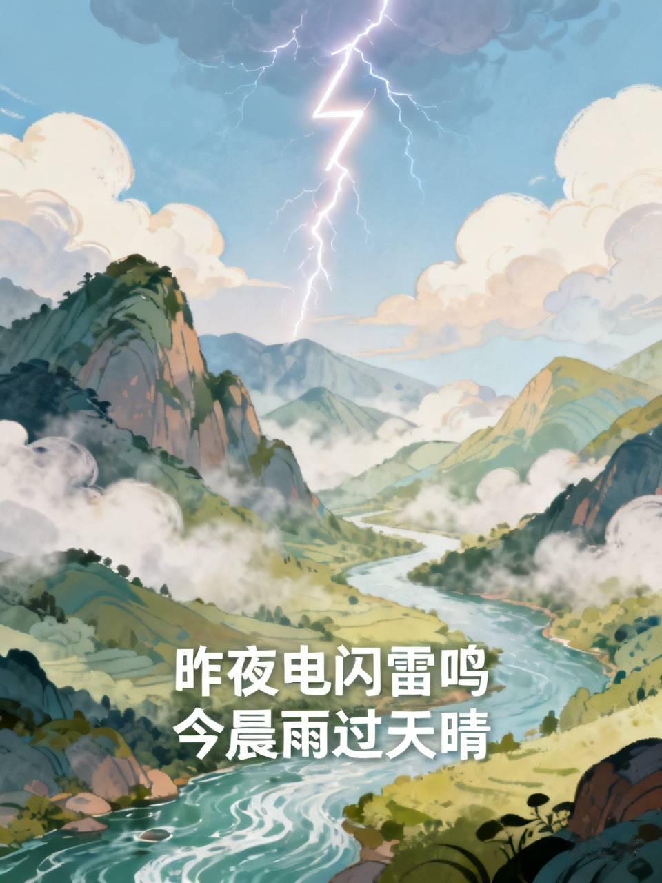 上联：昨夜电闪雷鸣，
下联：今晨雨过天晴。