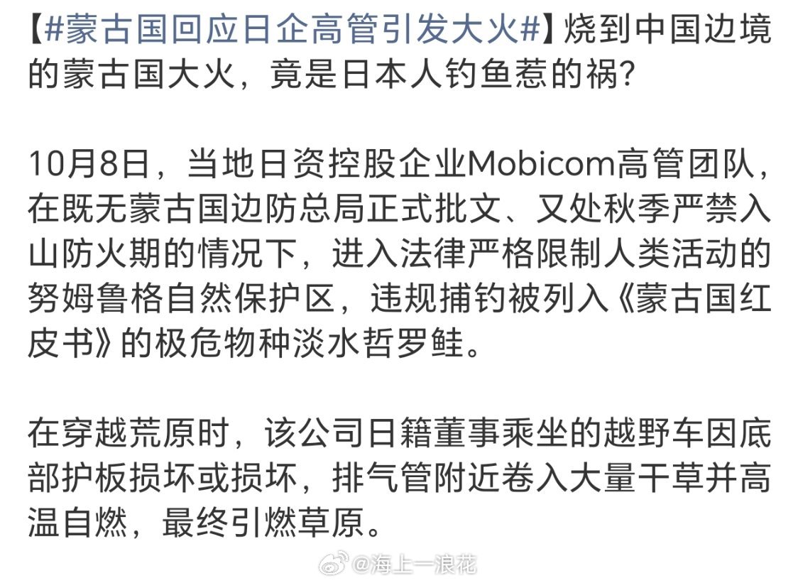 蒙古国回应日企高管引发大火这不是小事，通过外交途径向蒙古国提出抗议要求蒙古国赔偿